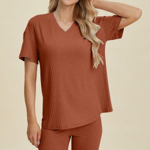 Product Image for  Basic Bae Full Size Ribbed V-Neck Short Sleeve Top and Shorts Set