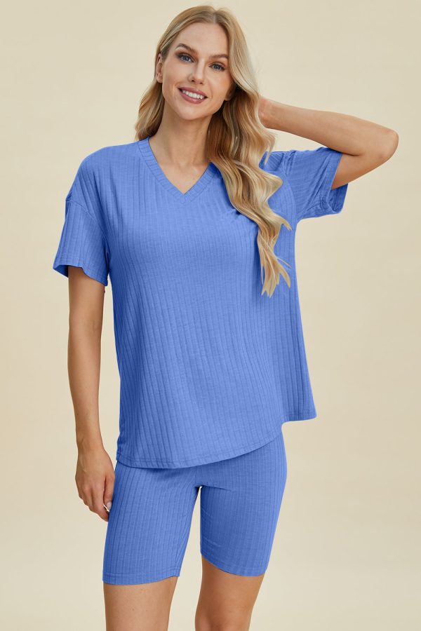 Product Image for  Basic Bae Full Size Ribbed V-Neck Short Sleeve Top and Shorts Set