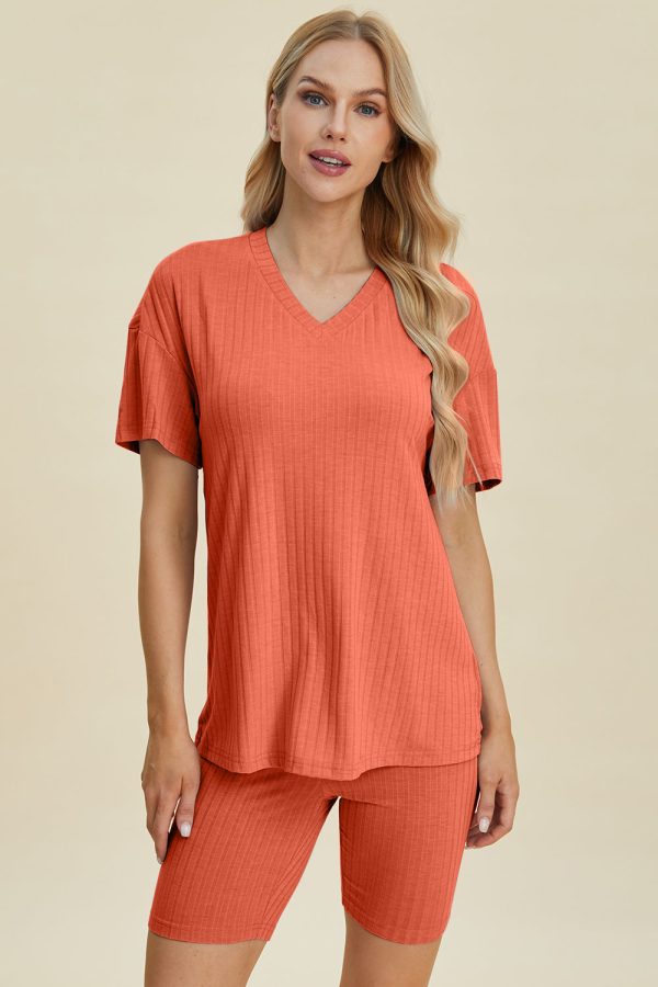 Product Image for  Basic Bae Full Size Ribbed V-Neck Short Sleeve Top and Shorts Set