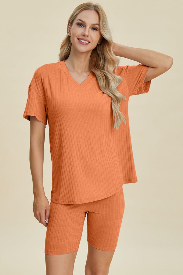 Product Image for  Basic Bae Full Size Ribbed V-Neck Short Sleeve Top and Shorts Set