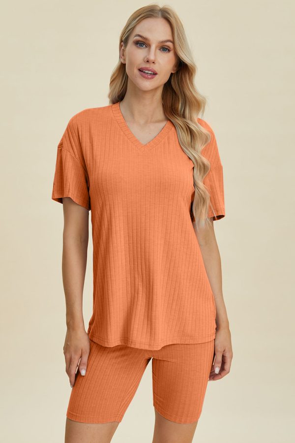 Product Image for  Basic Bae Full Size Ribbed V-Neck Short Sleeve Top and Shorts Set