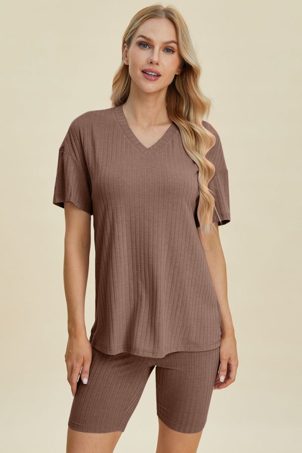 Product Image for  Basic Bae Full Size Ribbed V-Neck Short Sleeve Top and Shorts Set